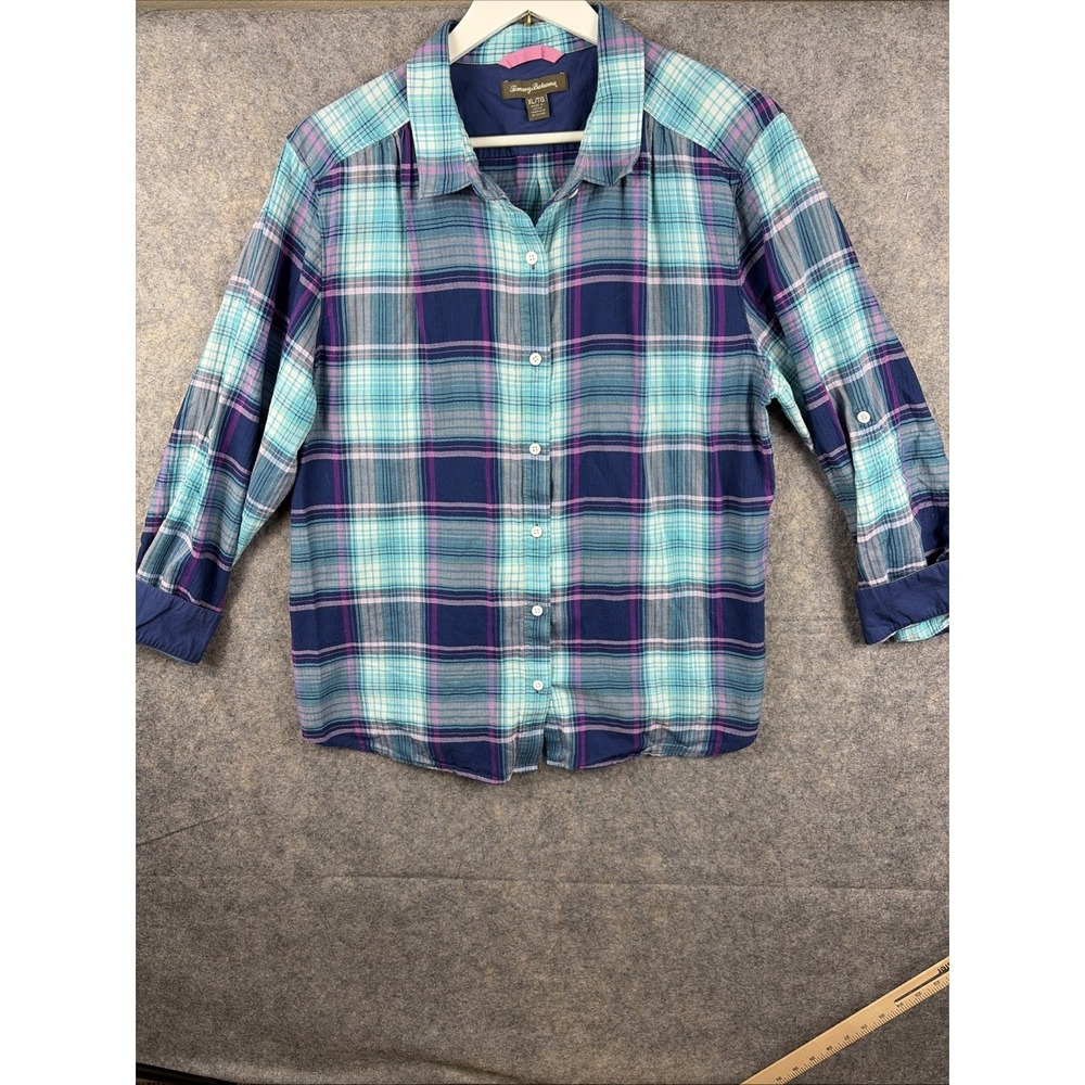 Tommy Bahama Pima Cotton Button Up Shirt Size XLarge Blue Plaid Long Sleeve